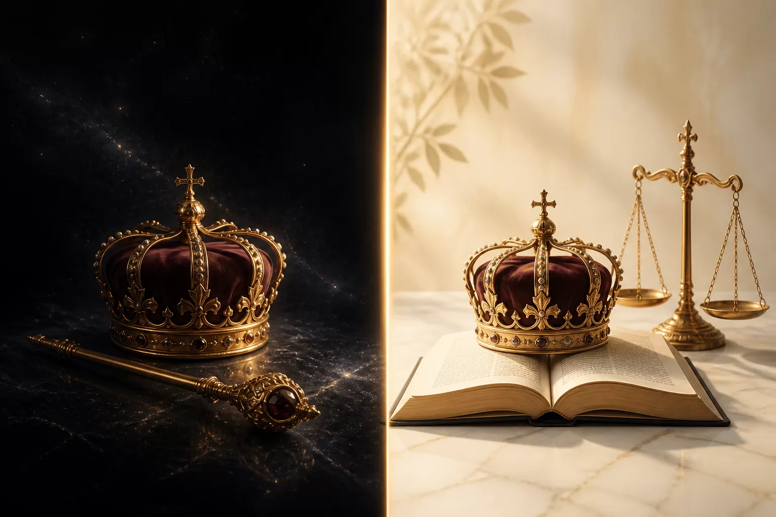Absoliutinės monarchijos ir konstitucinės monarchijos skirtumų iliustracija