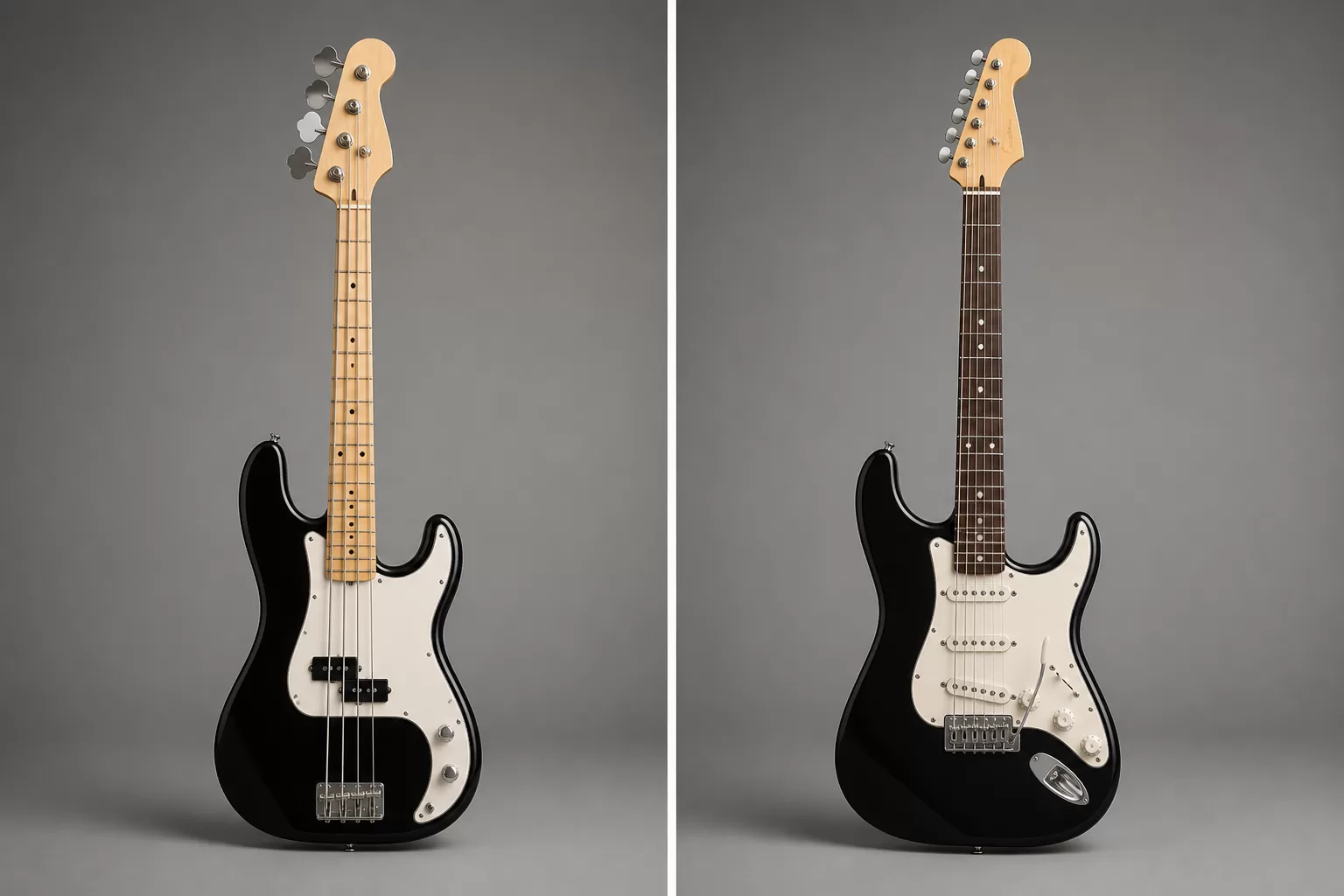 Bosinė gitara ir elektrinė gitara, iliustruojanti skirtumus tarp instrumentų