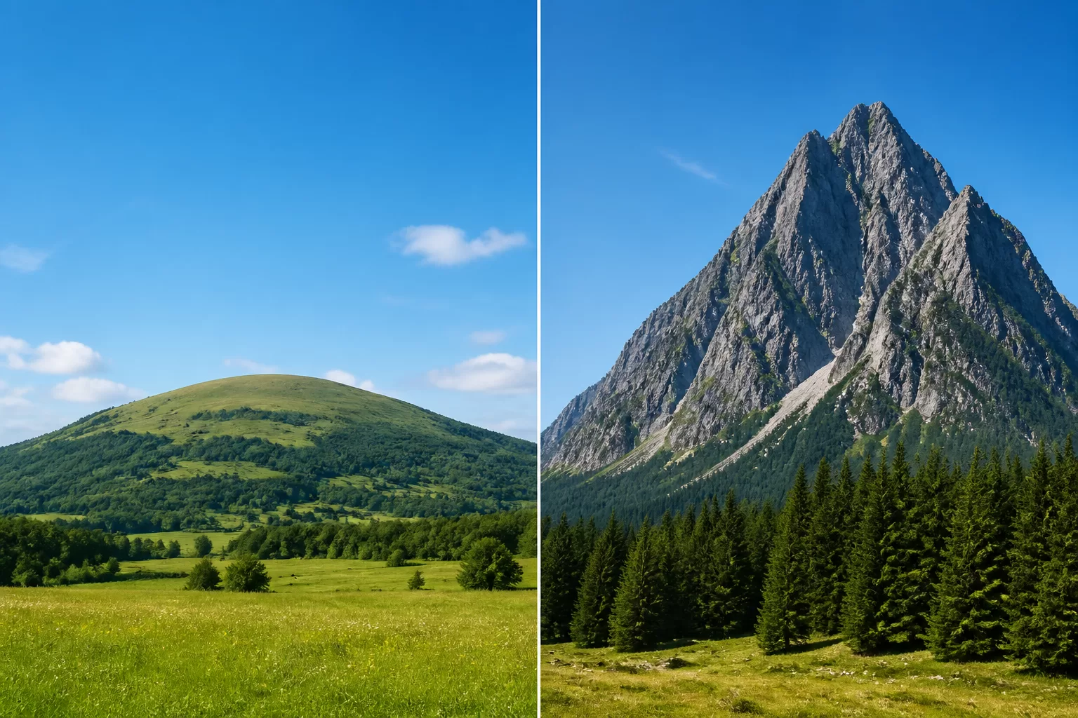 Kalva ir kalnas kraštovaizdyje, iliustruojantys aukščio ir šlaitų skirtumus