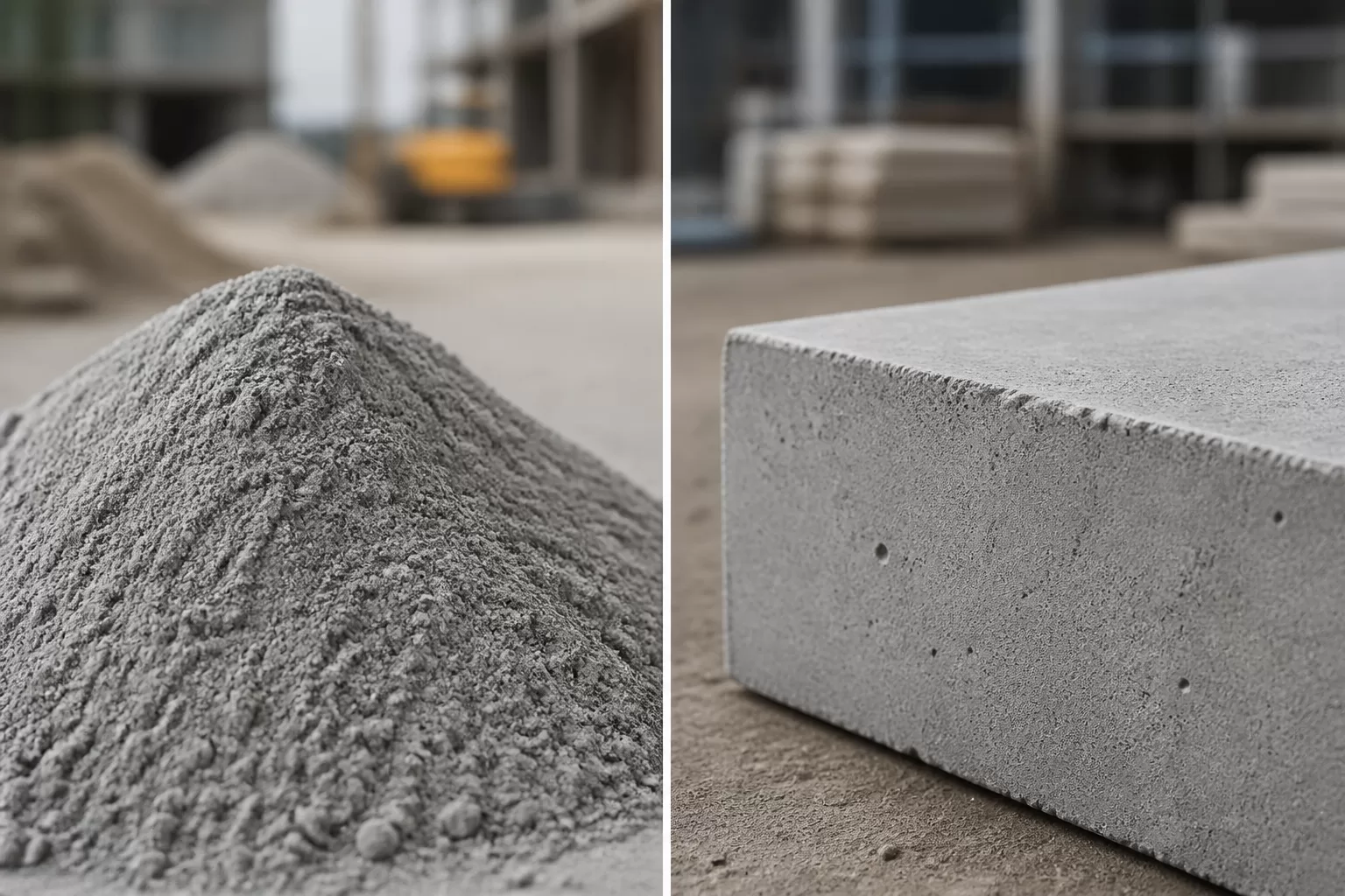 Kuo skiriasi cementas nuo betono: cemento milteliai ir betono blokas