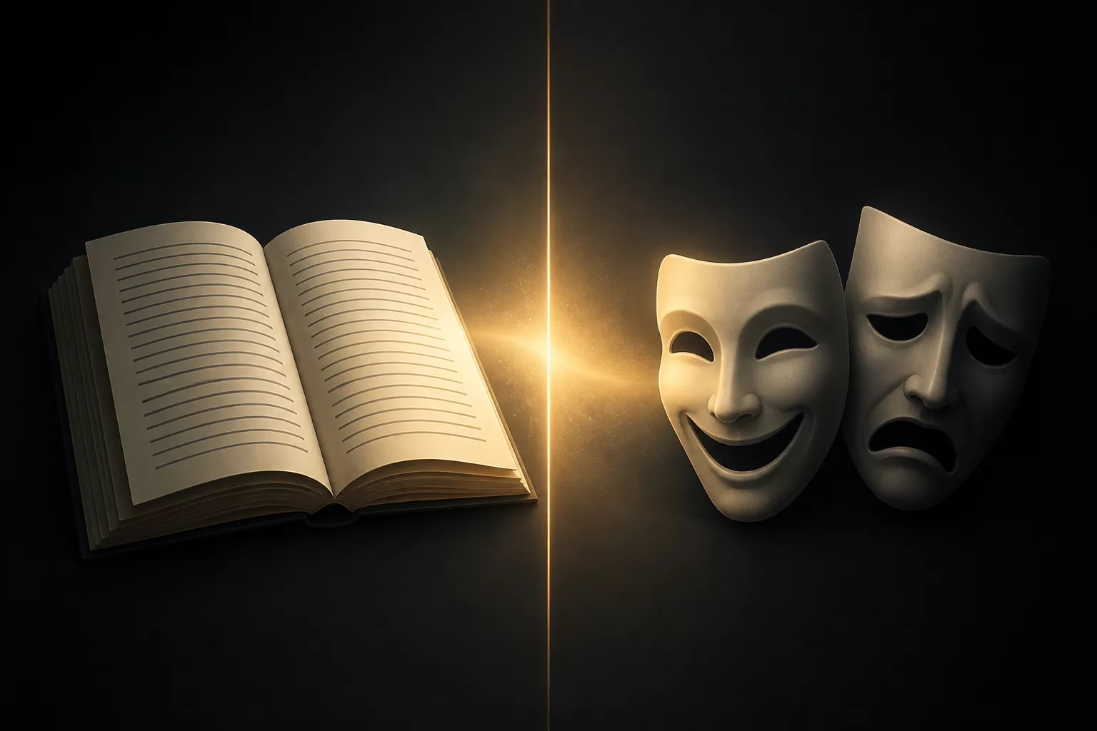 Kuo skiriasi drama nuo teatro – iliustracija, vaizduojanti knygą ir teatro kaukes
