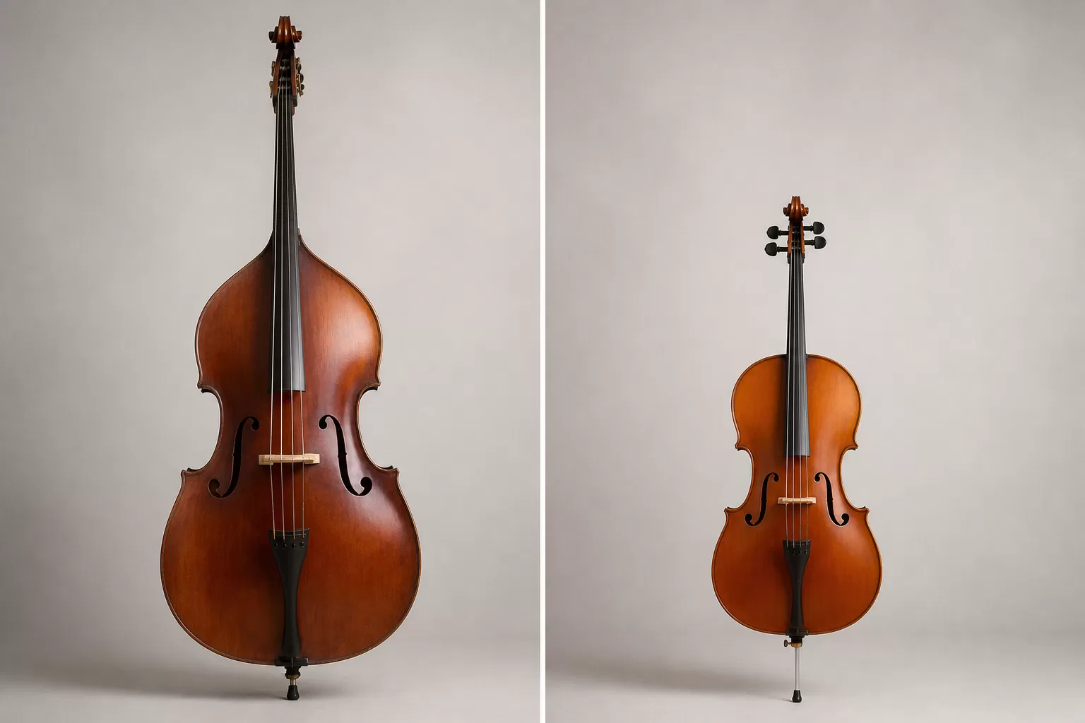 Kuo skiriasi kontrabosas nuo violončelės – instrumentų palyginimo iliustracija