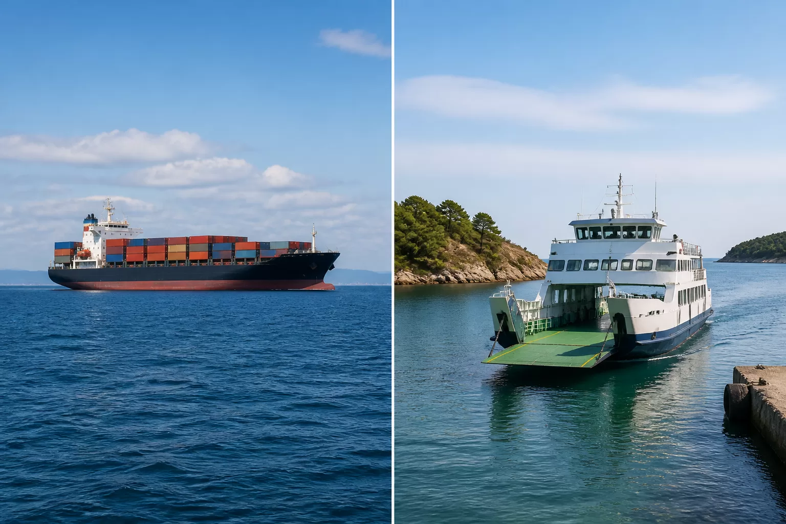 Laivas ir keltas plaukioja jūroje, iliustruojant skirtumus tarp transporto priemonių