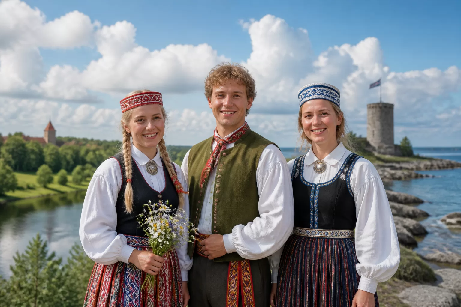 Latviai, lietuviai ir estai tautiniais rūbais, iliustruojantys Baltijos tautų skirtumus