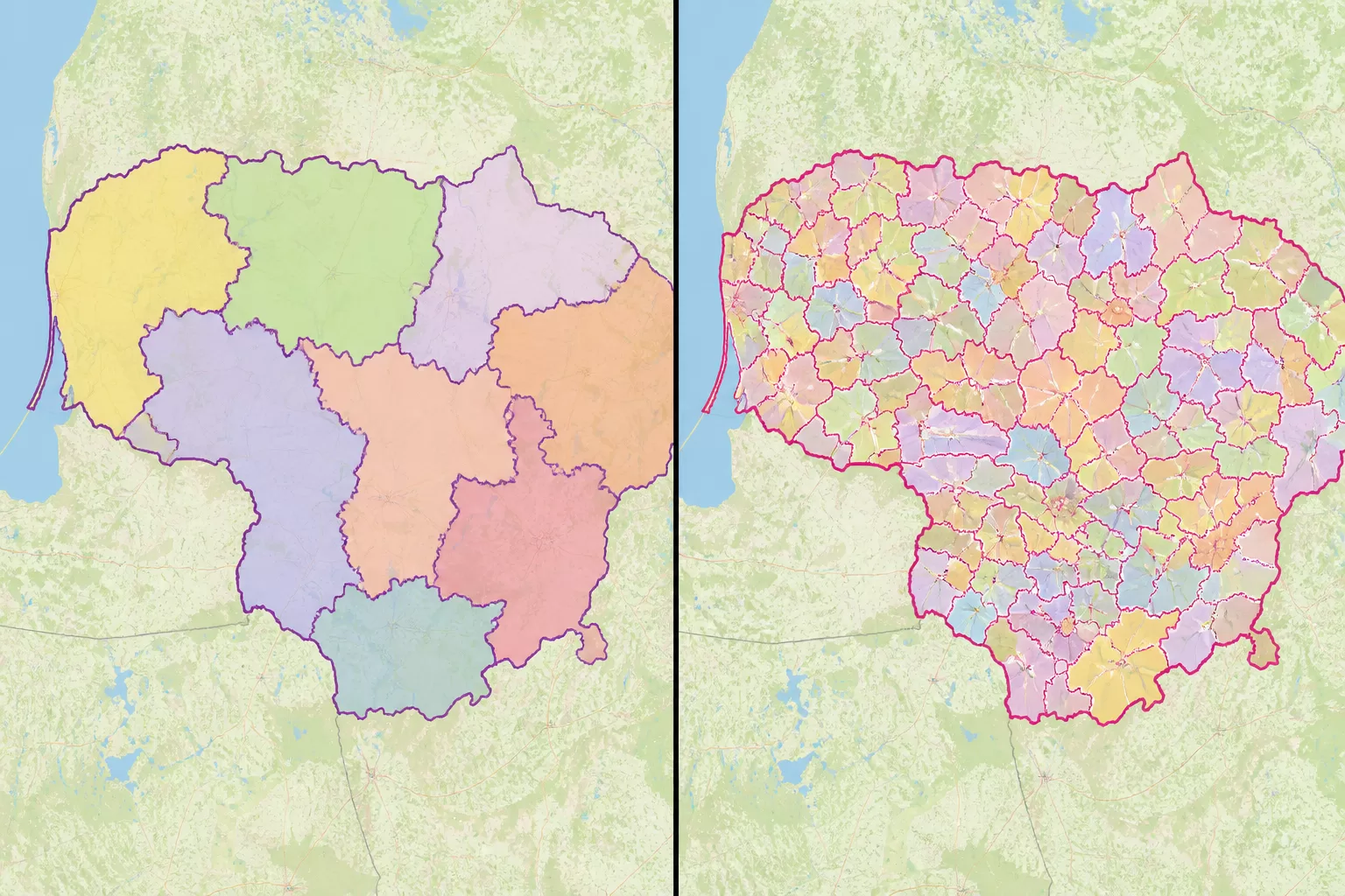Miesto ir rajono savivaldybių teritorijų palyginimas žemėlapyje