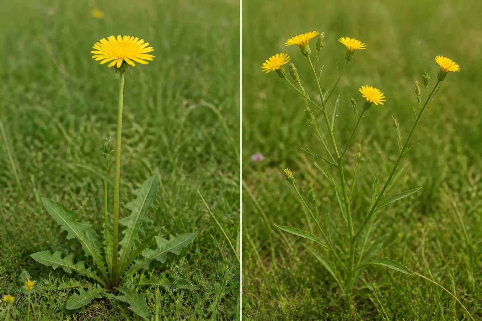 Palyginamasis pienės ir kiaulpienės vaizdas: du skirtingi geltonžiedžiai augalai vienas šalia kito, išryškinti žiedynų, lapų ir stiebų skirtumai.