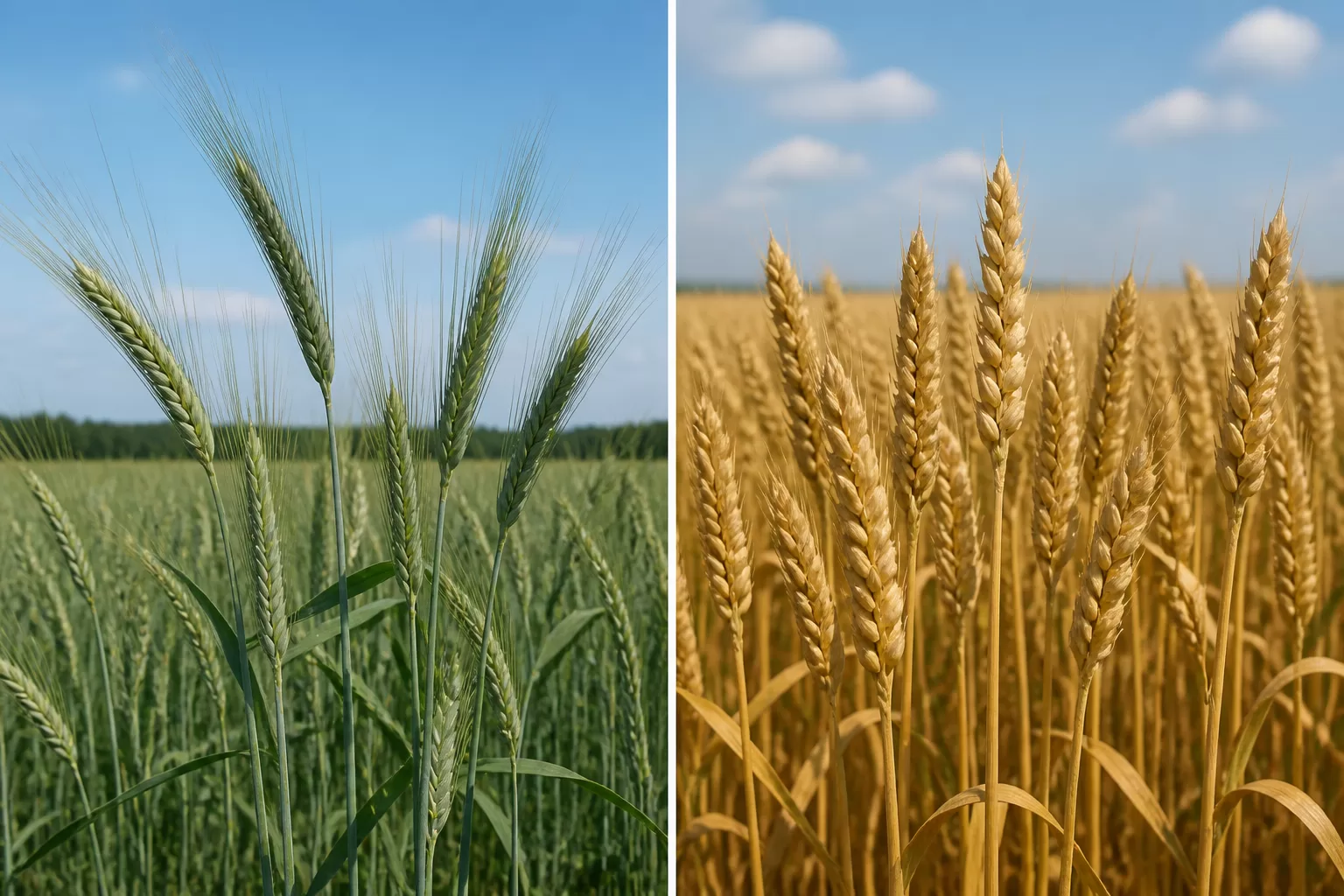 Rugių ir kviečių augalų palyginimas lauke