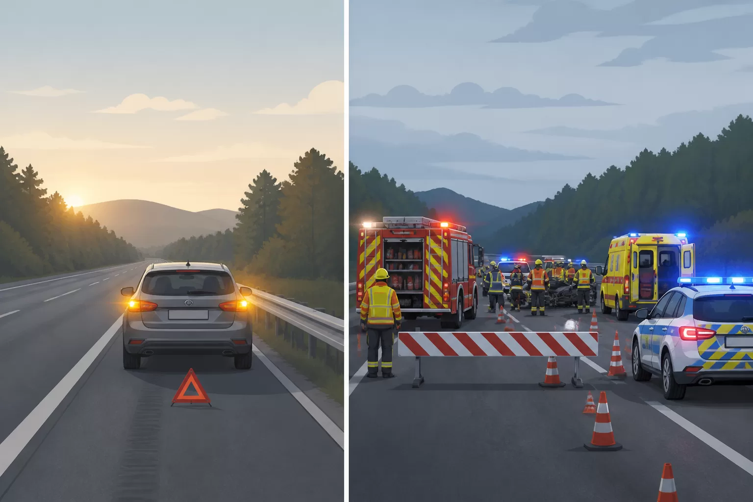 Skirtumas tarp ekstremalios situacijos ir įvykio iliustracija: vienas incidentas palyginus su didelio masto ekstremalia situacija